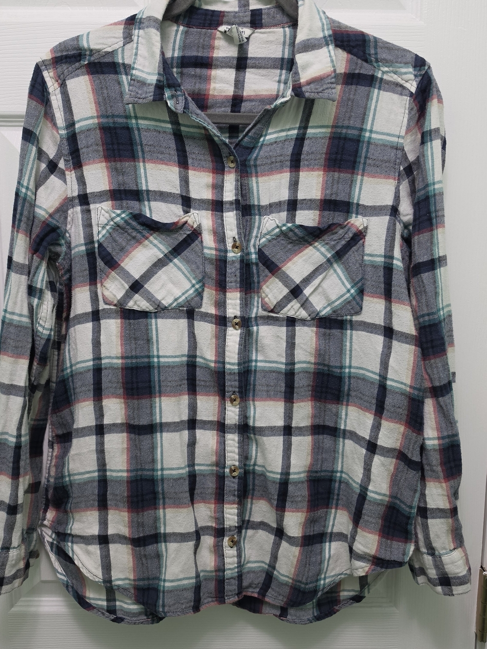 Forever 21 Plaid Button-Up Shirt - White, Navy & Teal